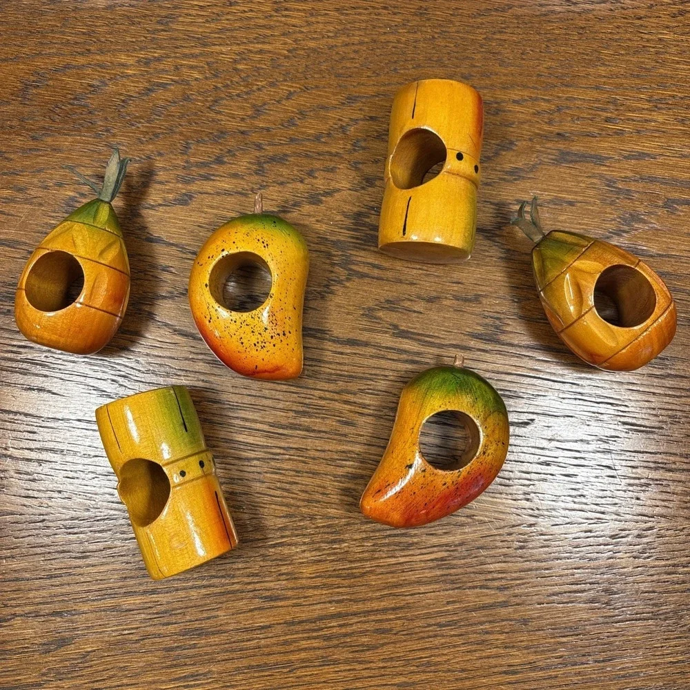 Set Of 6 Vintage Wood Carved Tropical Fruit Napkin Rings Pineapple Mango
